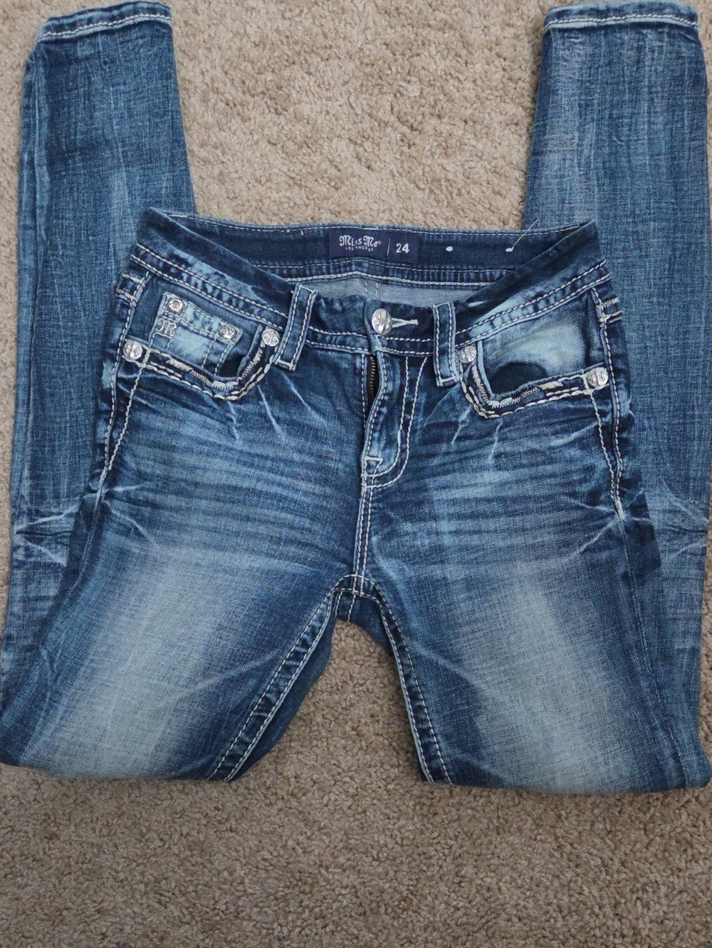 Miss Me Women's Faded Blue Skinny Jeans with Contrast Stitching